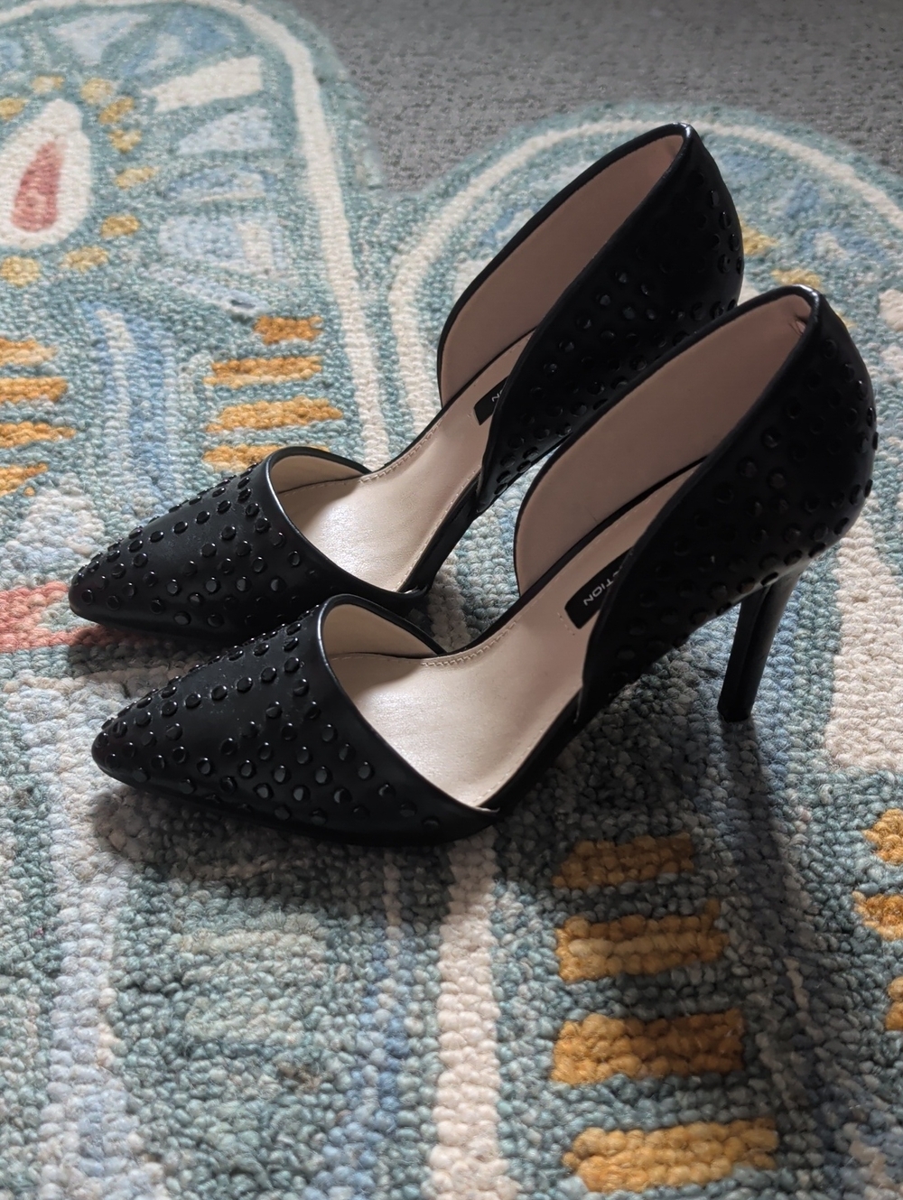 French Connection Black Studded Pointed-Toe High Heels